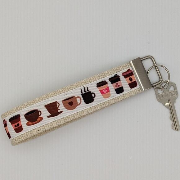 Coffee Cup Keychain Wristlet Feather Boho Fabric Key Ring FOB Espresso Gift Item - Picture 1 of 7